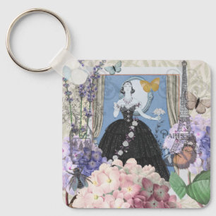 Blauwe Elegante Vrouw Bloemrijke Jurk Chic Sleutelhanger