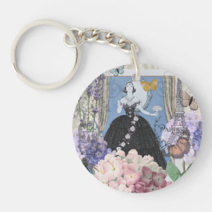 Blauwe Elegante Vrouw Bloemrijke Jurk Chic Sleutelhanger