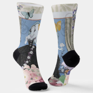 Blauwe Elegante Vrouw Bloemrijke Jurk Chic Sokken