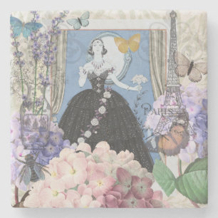 Blauwe Elegante Vrouw Bloemrijke Jurk Chic Stenen Onderzetter