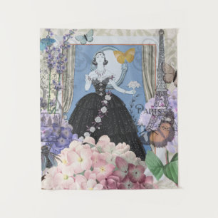 Blauwe Elegante Vrouw Bloemrijke Jurk Chic Wandkleed