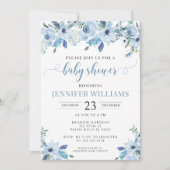 Blauwe elegante waterverf bloemenbabyboy douche kaart (Voorkant)