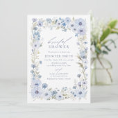 Blauwe Elegante Wilde Bloemrand Bruidsdouche Kaart (Staand voorkant)