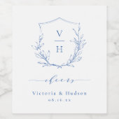 Blauwe elegantie botanische monogram bruiloft wijn etiket (Enkel label)