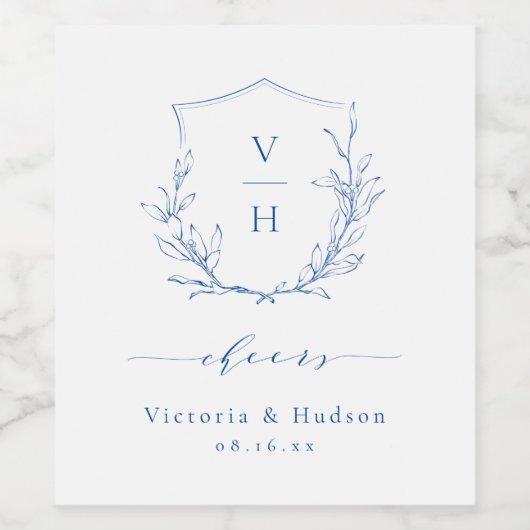 Blauwe elegantie botanische monogram bruiloft wijn etiket (Enkel label)