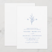 Blauwe elegantie botanische monogram rustige bruil kaart (Voorkant / Achterkant)