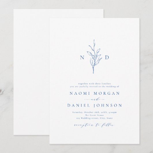 Blauwe elegantie botanische monogram rustige bruil kaart (Voorkant / Achterkant)