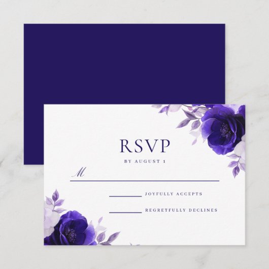 Blauwe Elegantie: Midnight Navy Blue Rozen Wedding RSVP Kaartje (Voorkant / Achterkant)