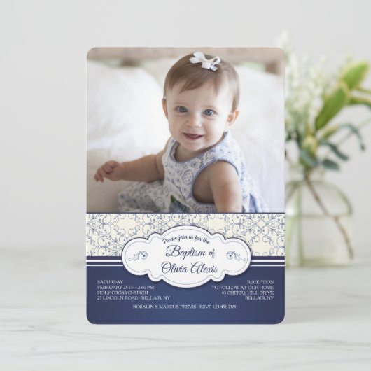 Blauwe elegantiefoto-uitnodiging kaart (Staand voorkant)