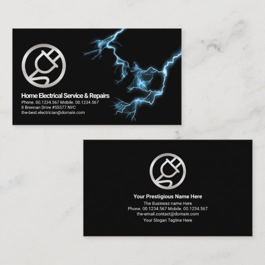 Blauwe elektrische bliksem Silver Power Plug Visitekaartje (Voorkant / Achterkant)