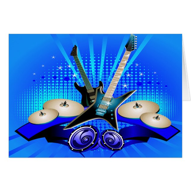 Blauwe elektrische gitaren, Drums en luidsprekers (Voorkant Horizontaal)