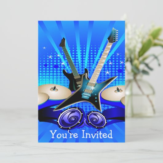 Blauwe elektrische gitaren, Drums en luidsprekers Kaart (Staand voorkant)