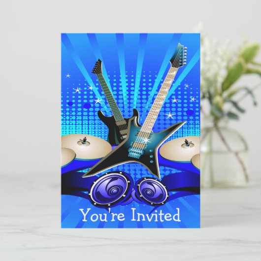 Blauwe elektrische gitaren, Drums- en luidsprekers Kaart (Staand voorkant)