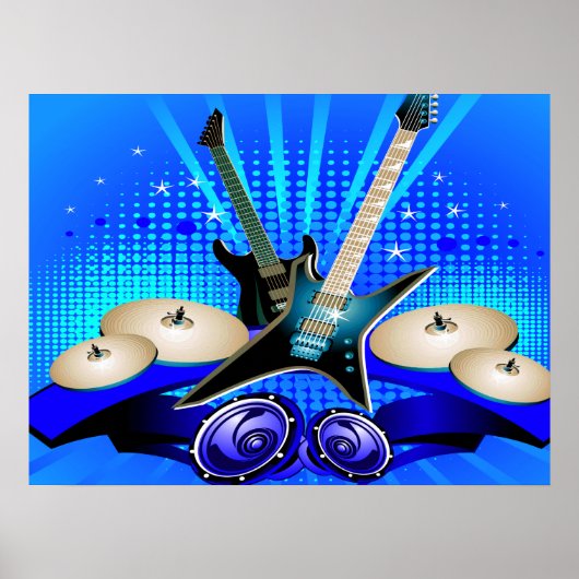 Blauwe elektrische gitaren, Drums en luidsprekers Poster (Voorkant)