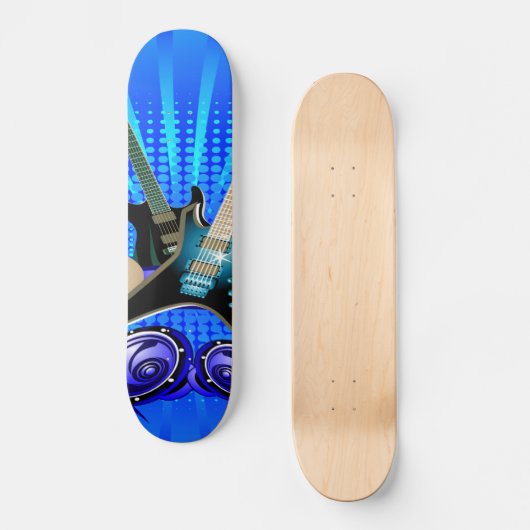 Blauwe elektrische gitaren, Drums en luidsprekers Skateboard (Voorkant)