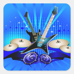 Blauwe elektrische gitaren, Drums en luidsprekers Vierkante Sticker