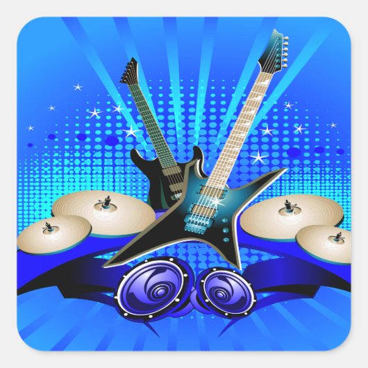 Blauwe elektrische gitaren, Drums en luidsprekers Vierkante Sticker (Voorkant)