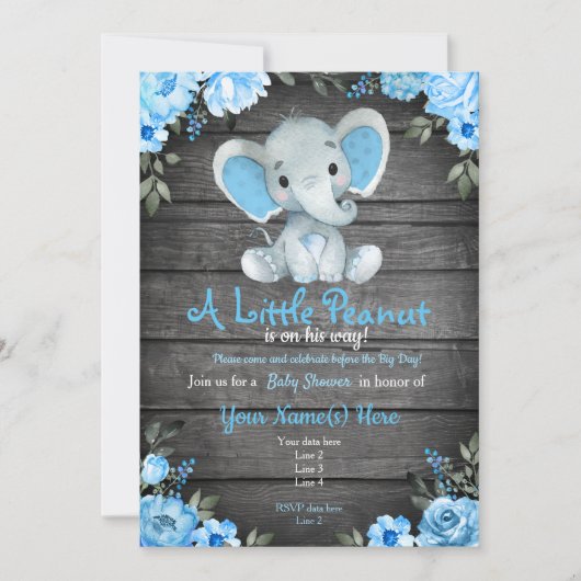 Blauwe Elephant Baby shower-uitnodiging, bijtende  Kaart (Voorkant)