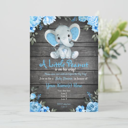 Blauwe Elephant Baby shower-uitnodiging, bijtende  Kaart (Staand voorkant)