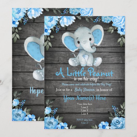 Blauwe Elephant Baby shower-uitnodiging, bijtende  Kaart (Voorkant / Achterkant)