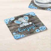 Blauwe Elephant Baby shower-uitnodiging, bijtende  Kartonnen Onderzetters (Schuin)