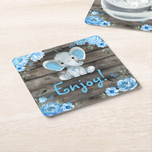 Blauwe Elephant Baby shower-uitnodiging, bijtende  Kartonnen Onderzetters (Schuin)