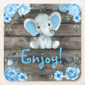 Blauwe Elephant Baby shower-uitnodiging, bijtende  Kartonnen Onderzetters (Voorkant)