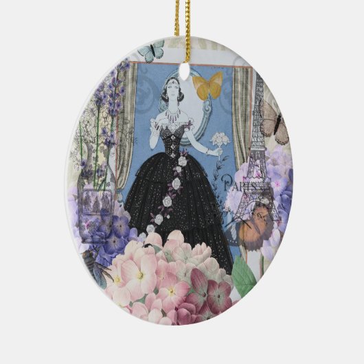 Blauwe Ellegante Vrouw Bloemrijke Fantasie Jurk Keramisch Ornament (Rechts)