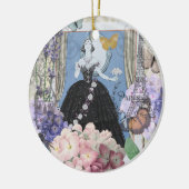 Blauwe Ellegante Vrouw Bloemrijke Fantasie Jurk Keramisch Ornament (Links)