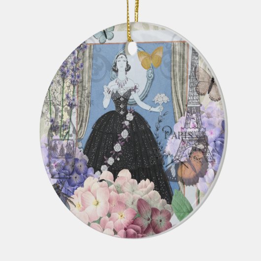 Blauwe Ellegante Vrouw Bloemrijke Fantasie Jurk Keramisch Ornament (Links)