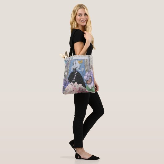 Blauwe Ellegante Vrouw Bloemrijke Fantasie Jurk Tote Bag (Op model)