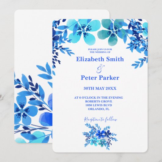 Blauwe en Aqua Floral Waterverf Wedding Kaart (Voorkant / Achterkant)