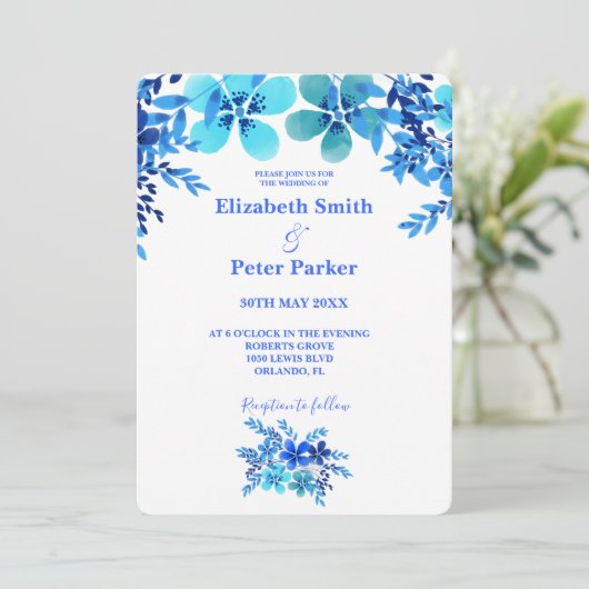 Blauwe en Aqua Floral Waterverf Wedding Kaart (Staand voorkant)
