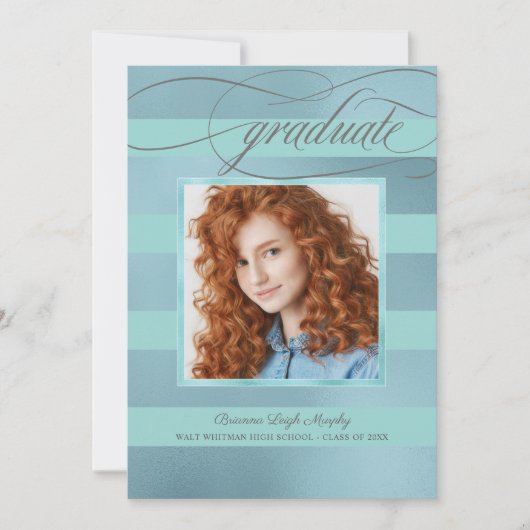 Blauwe en Aqua Stripes met Foto Afstuderen Aankondiging (Voorkant)