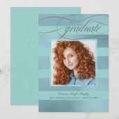 Blauwe en Aqua Stripes met Foto Afstuderen Aankondiging (Voorkant / Achterkant)