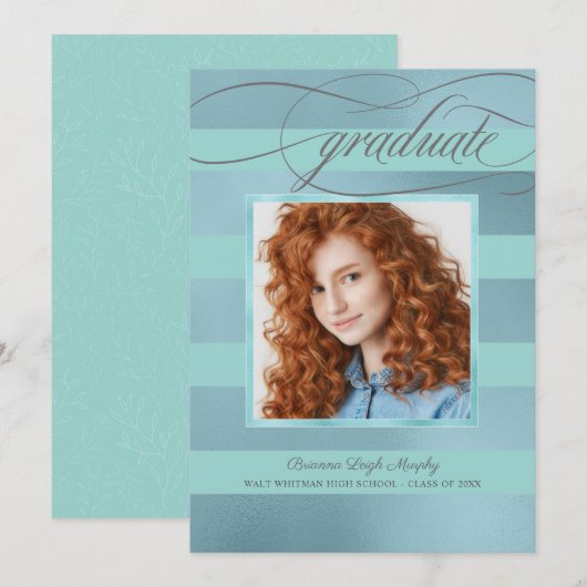 Blauwe en Aqua Stripes met Foto Afstuderen Aankondiging (Voorkant / Achterkant)