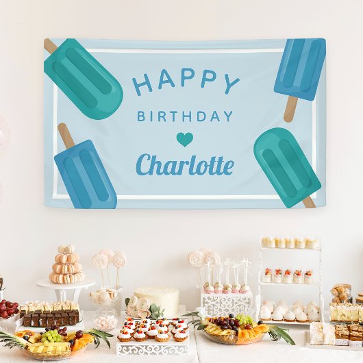 Blauwe en Aqua Summer Popsiers Birthday Spandoek