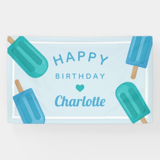 Blauwe en Aqua Summer Popsiers Birthday Spandoek (Horizontaal)