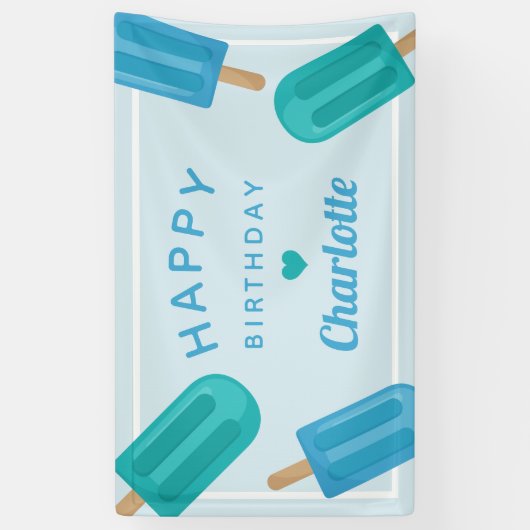 Blauwe en Aqua Summer Popsiers Birthday Spandoek (Verticaal)