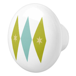 Blauwe en avocado groene diamanten sterren Mid Mod Keramische Knop