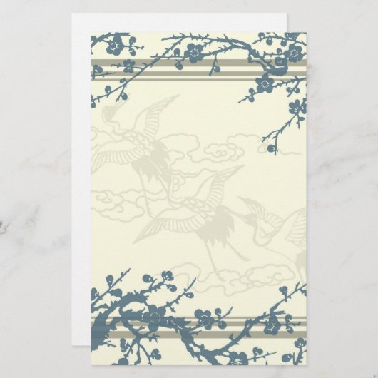 Blauwe en beige bloeiende bomen briefpapier (Voorkant / Achterkant)