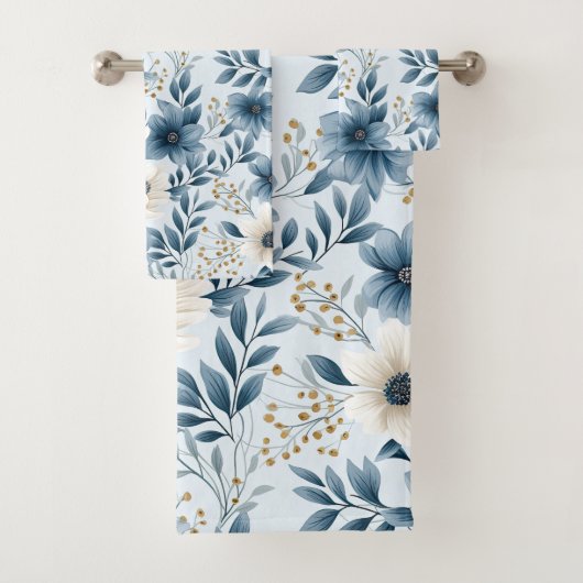 Blauwe en beige bloemen bad handdoek (Insitu)