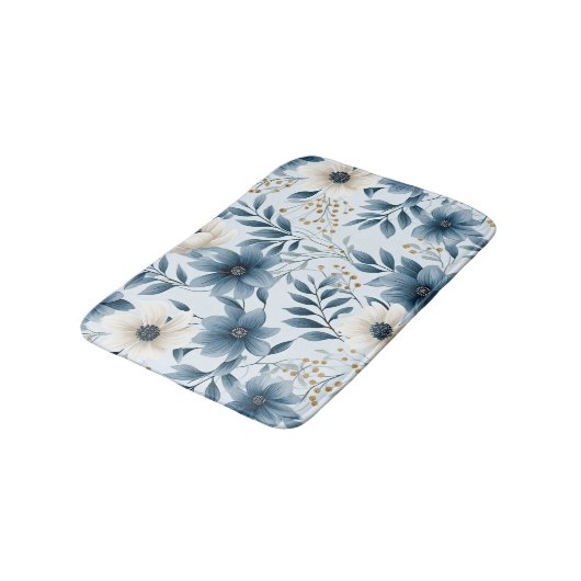 Blauwe en beige bloemen badmat (Gekanteld)