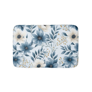 Blauwe en beige bloemen badmat
