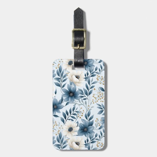 Blauwe en beige bloemen bagagelabel (Voorkant verticaal)