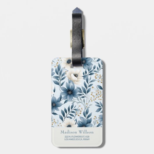 Blauwe en beige bloemen bagagelabel (Achterkant verticaal)