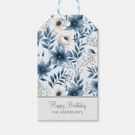 Blauwe en beige bloemen cadeaulabel (Voorkant)