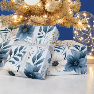 Blauwe en beige bloemen cadeaupapier