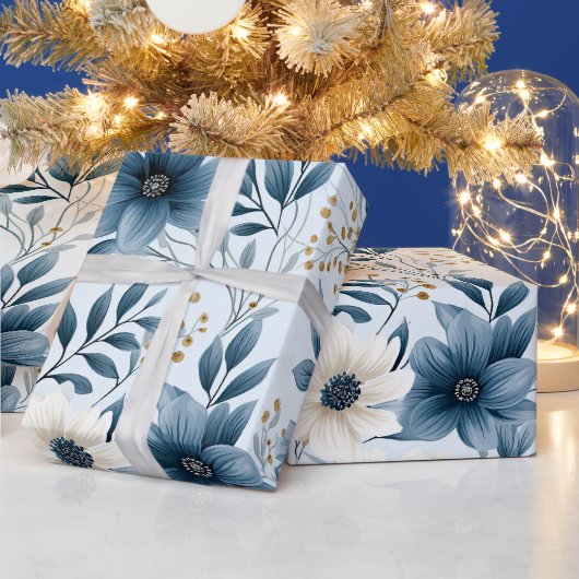 Blauwe en beige bloemen cadeaupapier (Feestdagen)