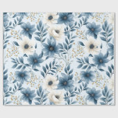 Blauwe en beige bloemen cadeaupapier (Vlak)